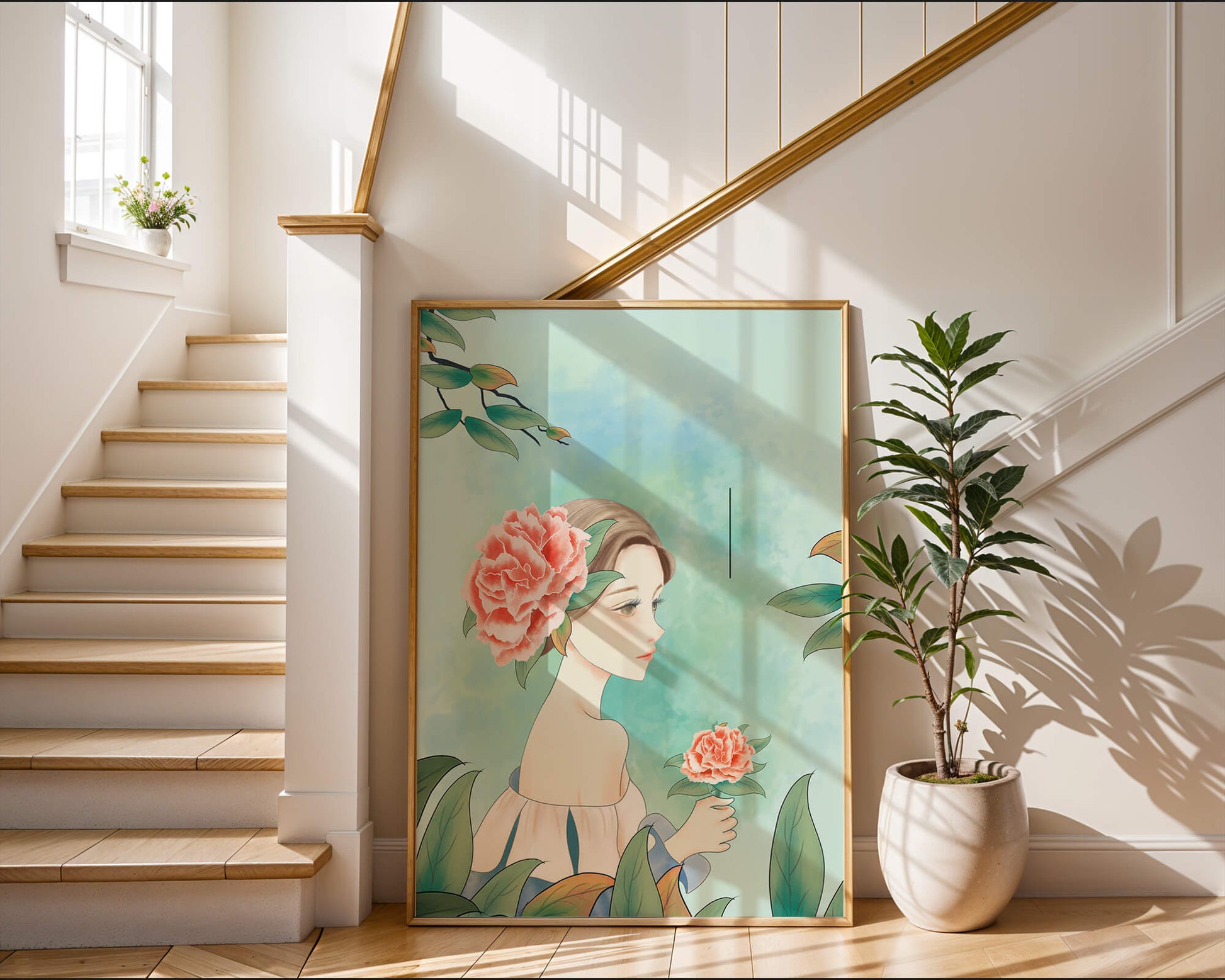 Illustration of a woman with a flower and text saying "Hello, July"