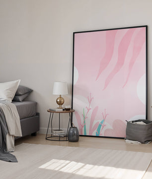 Diseño floral abstracto en rosa suave con hojas estilizadas y ondas