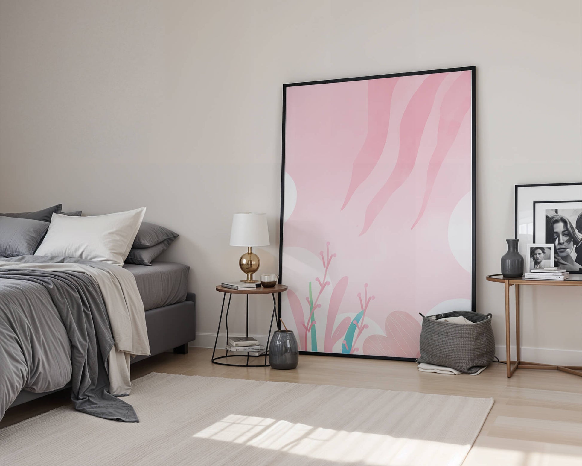 Soft Pink Abstract Floral Design with Stylized Leaves and Waves