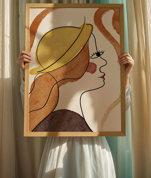 Retrato de línea moderna de una mujer con sombrero y colores vibrantes