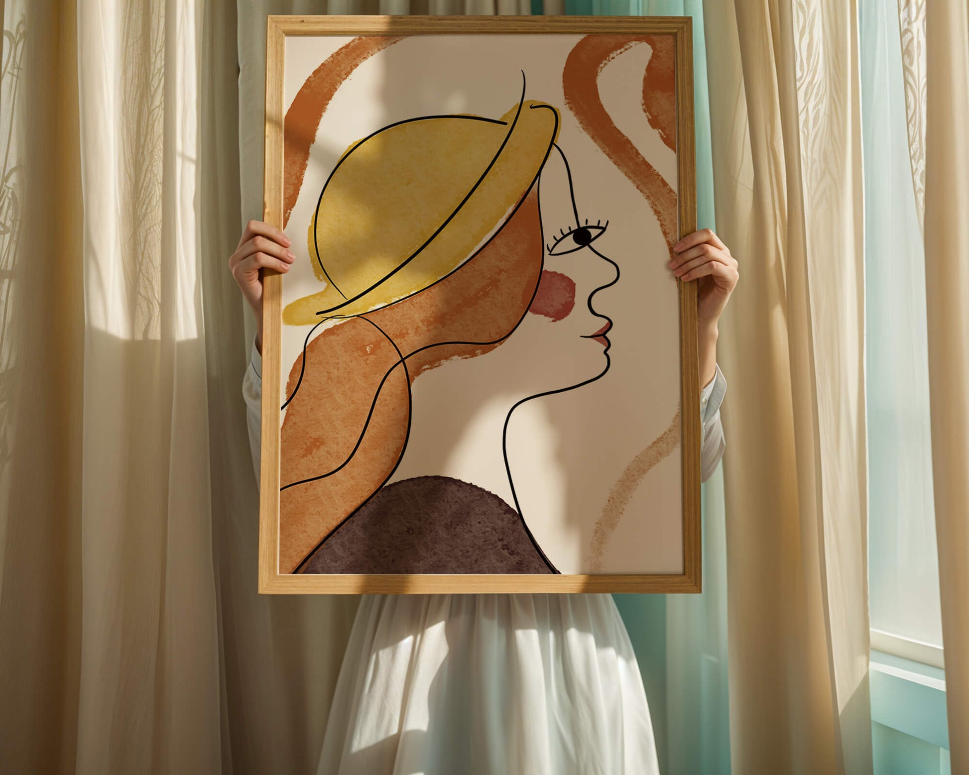 Retrato de línea moderna de una mujer con sombrero y colores vibrantes