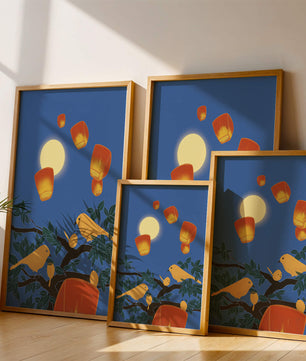 Lanterns and Birds Under the Night Sky