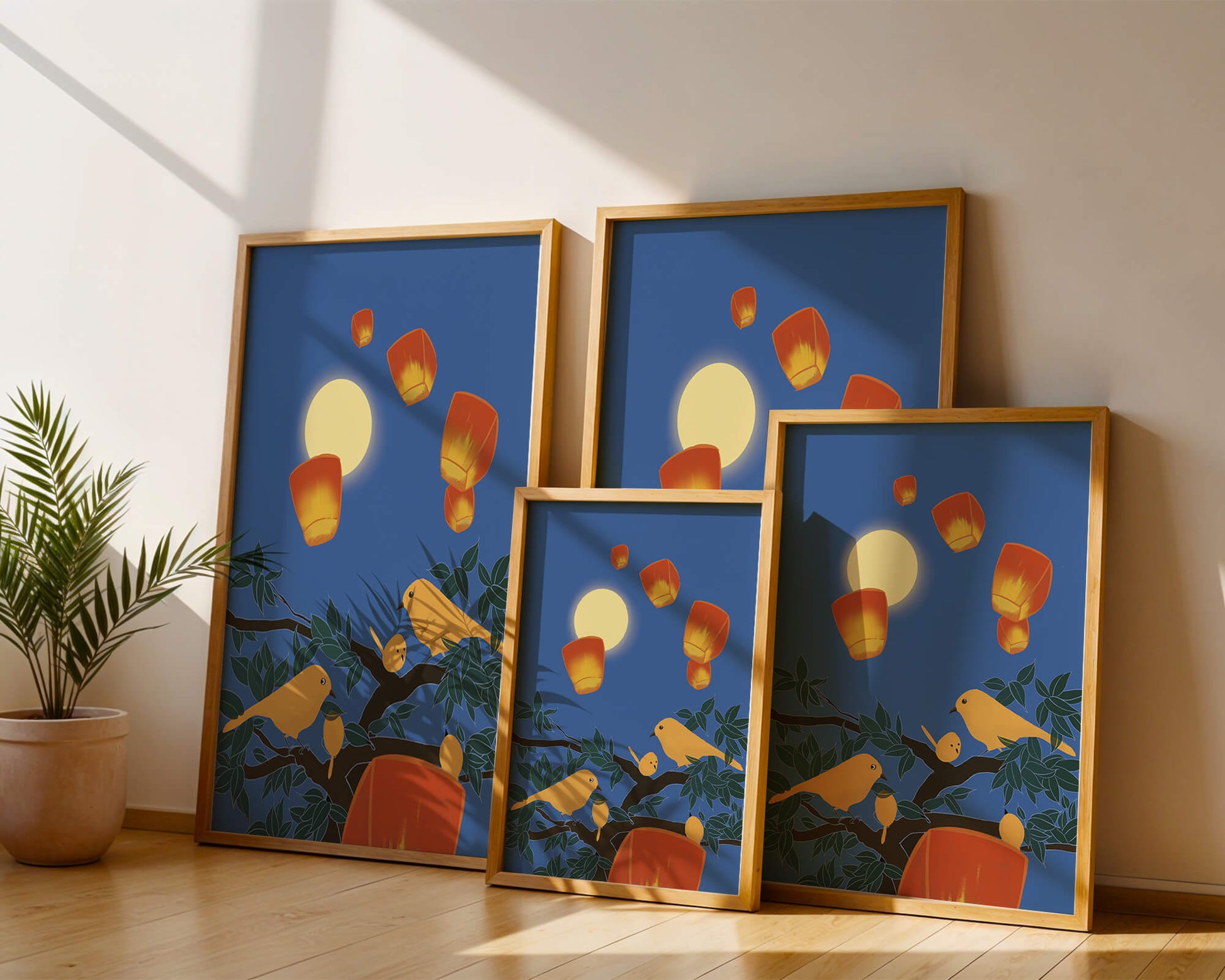 Lanterns and Birds Under the Night Sky
