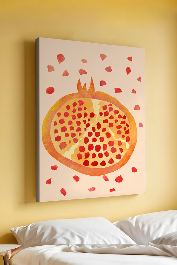 Colorful abstract pomegranate illustration with scattered seeds