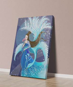 Elegant woman with floral motif and ethereal bird illustration