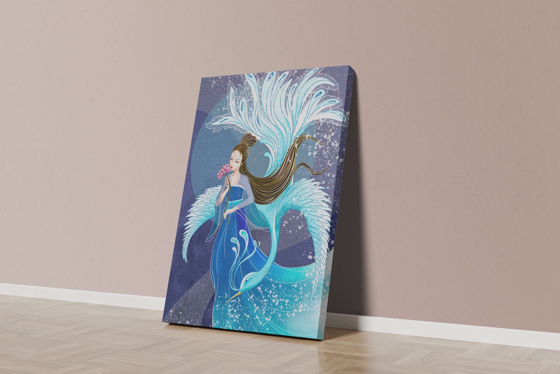 Elegant woman with floral motif and ethereal bird illustration