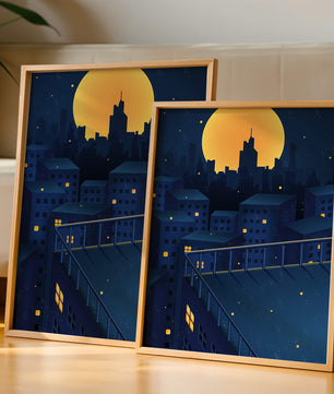 Stadtdach bei Nacht mit beleuchteten Fenstern und Vollmond