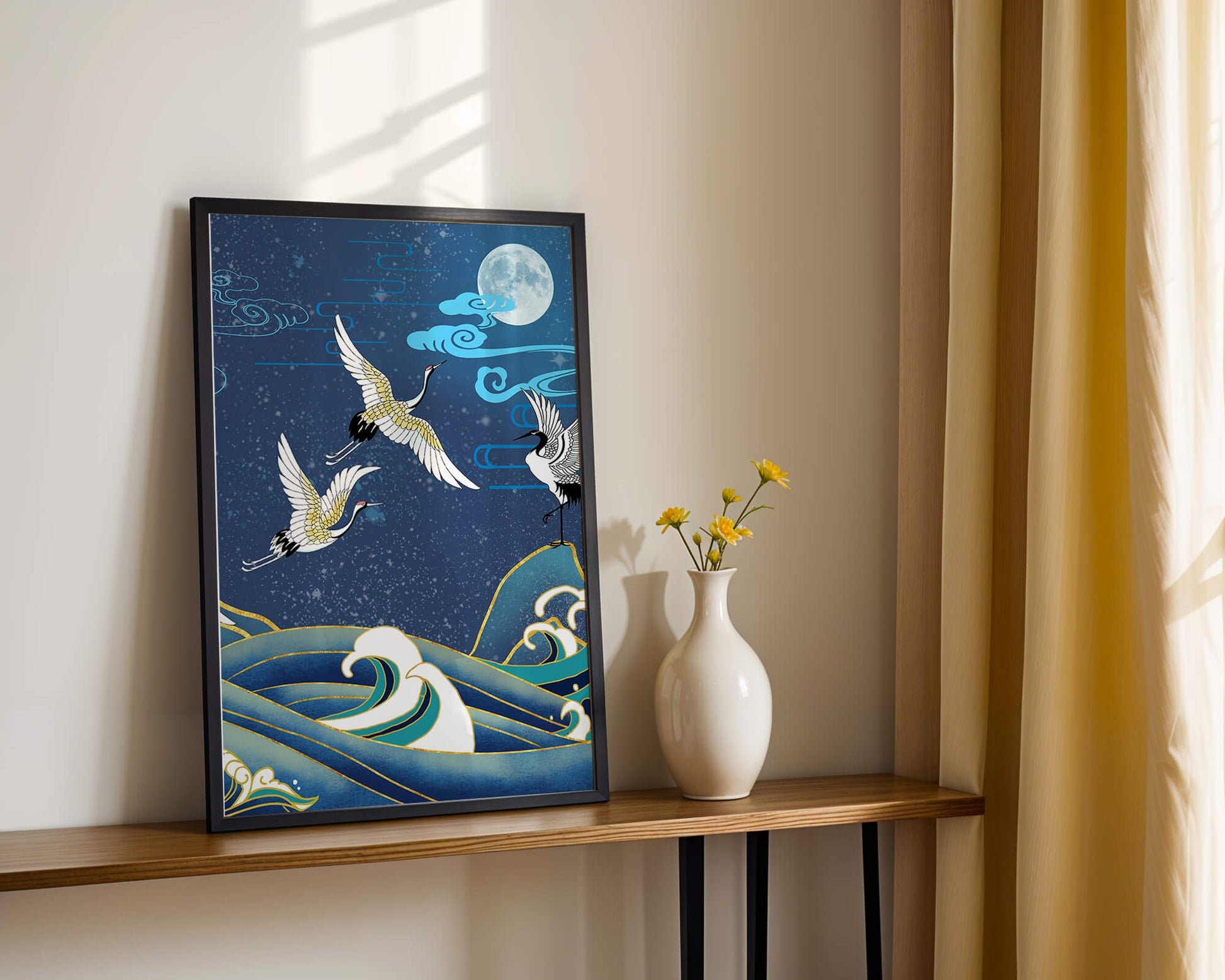 A Serene Night Scene with Cranes and Waves in Traditional Japanese Art Style