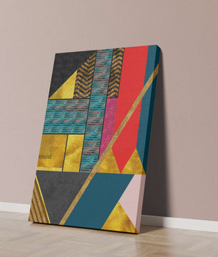 Geometric abstract design with vibrant colors and gold accents