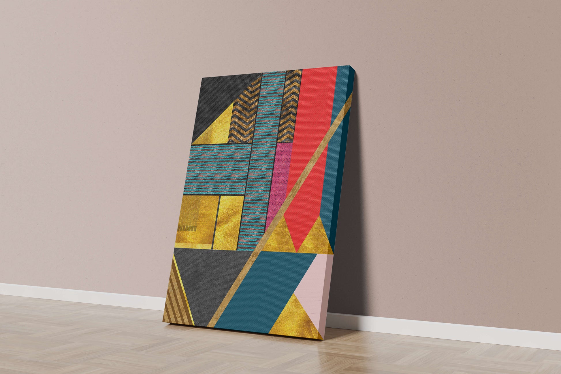 Geometric abstract design with vibrant colors and gold accents