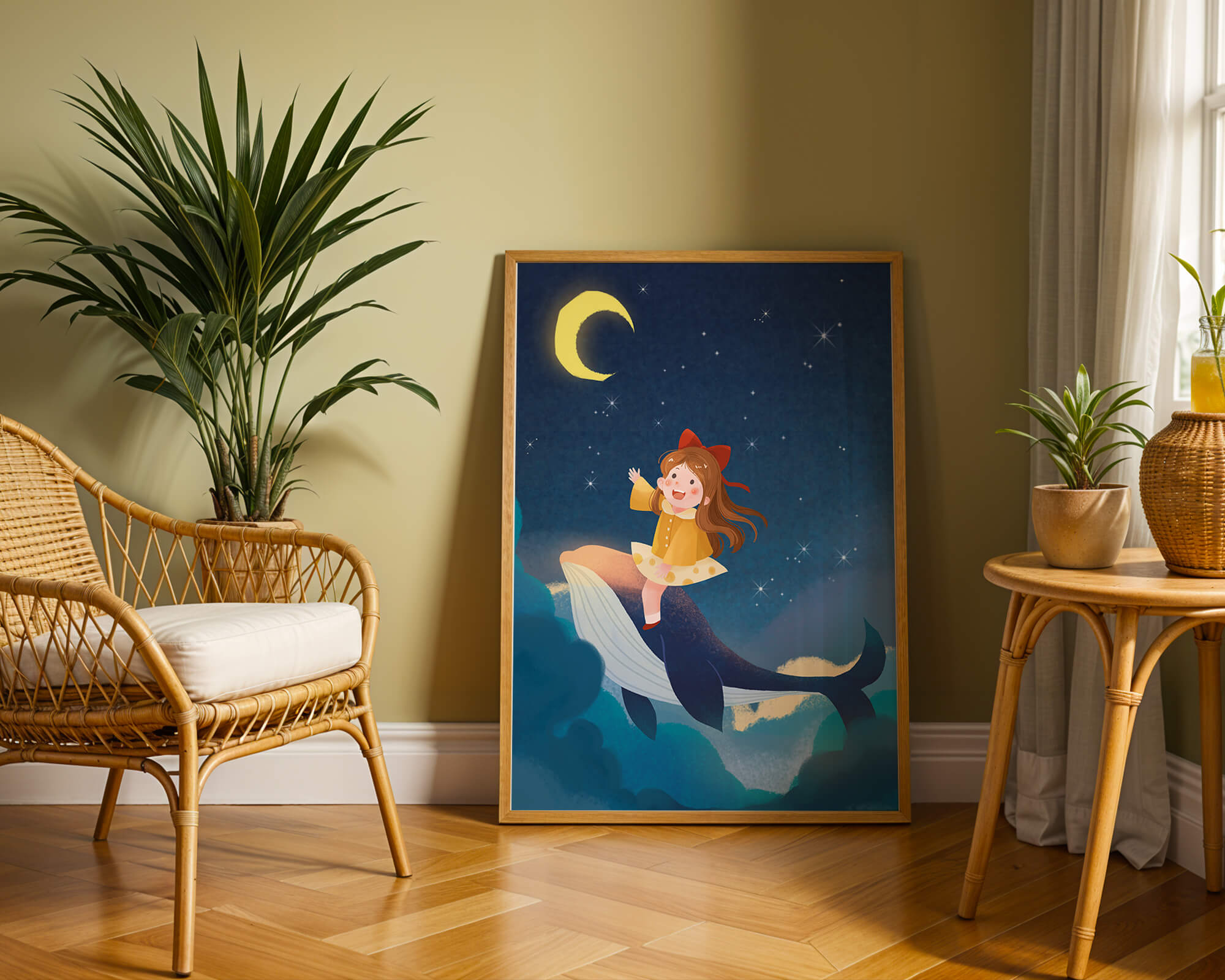 Girl on a whale under starry night sky