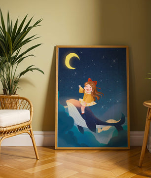 Girl on a whale under starry night sky