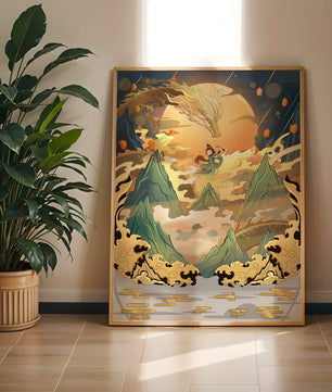 Mythical dragon and warrior painting with golden elements against a mountainous landscape