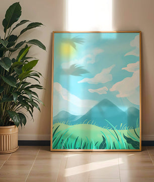 Sunny Day Overlooking a Mountain Landscape with Rolling Hills and Blue Sky