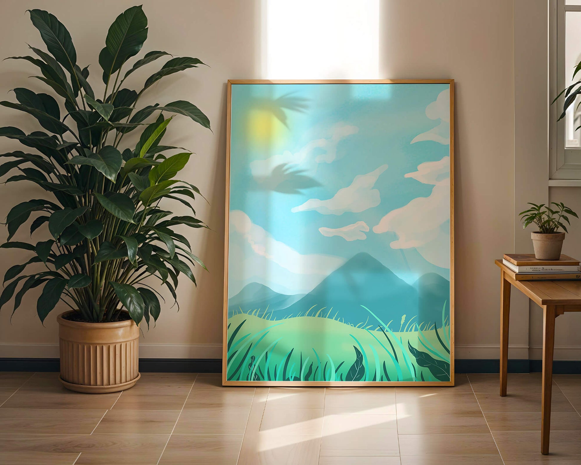Sunny Day Overlooking a Mountain Landscape with Rolling Hills and Blue Sky