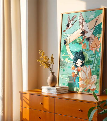Serene Asian Art Illustration with Cranes and Lotus Flowers