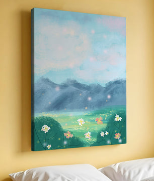 Serene Landscape with Blooming Flowers and Majestic Mountains