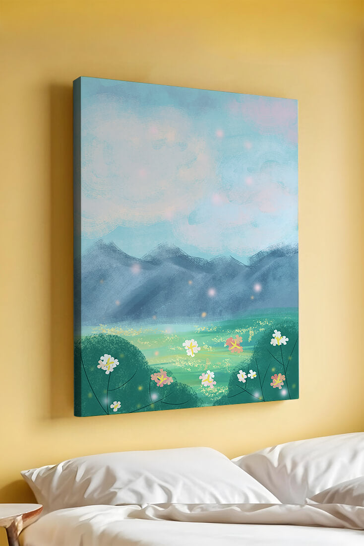 Serene Landscape with Blooming Flowers and Majestic Mountains