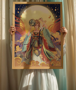 Elegant fantasy illustration with celestial elements and rabbit