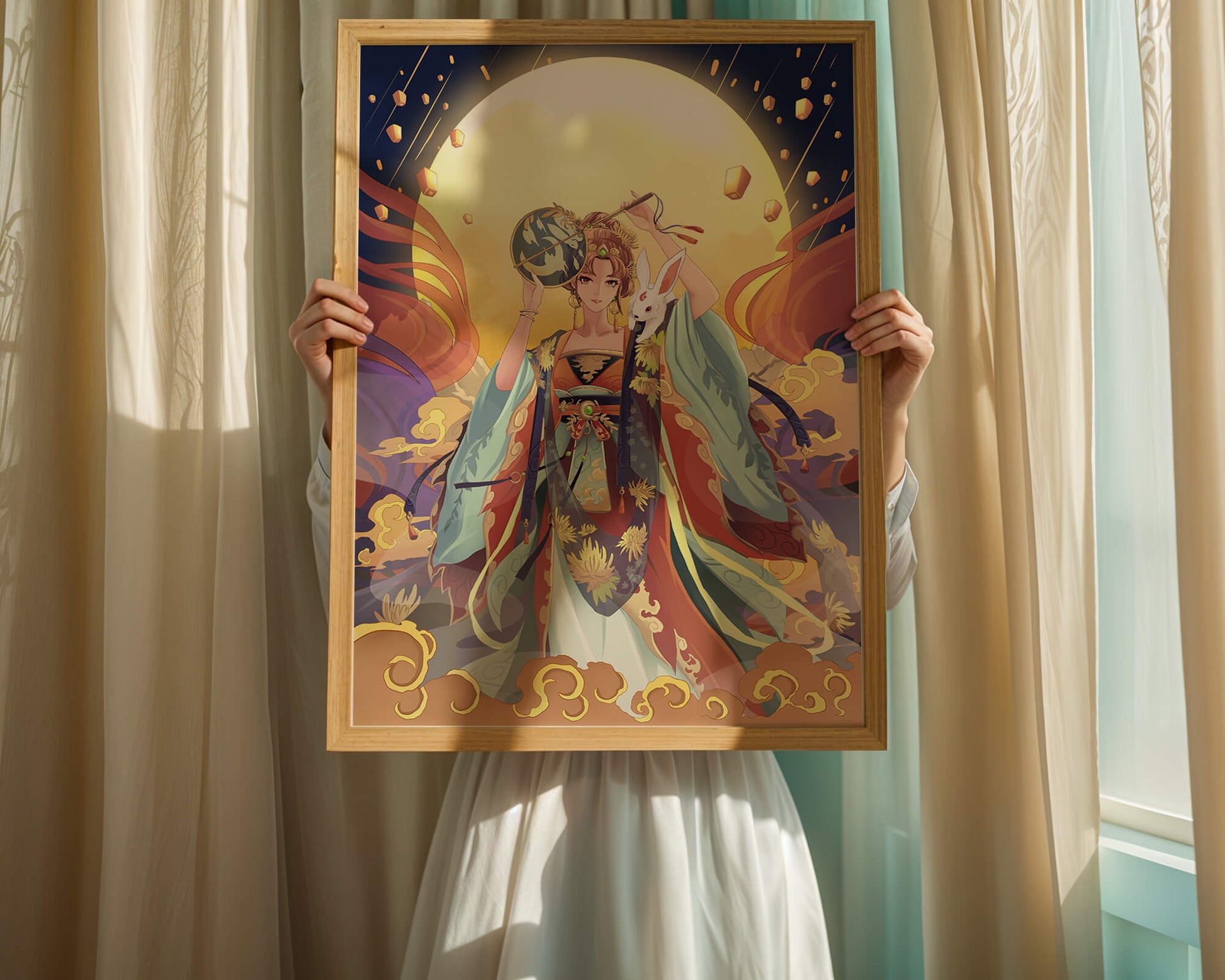 Elegant fantasy illustration with celestial elements and rabbit