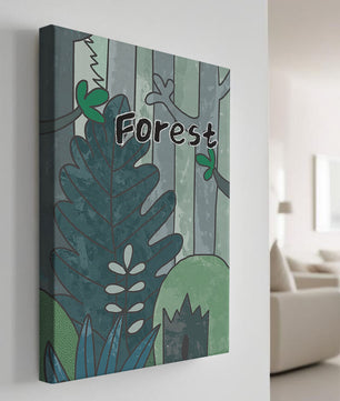 Illustrated forest scene with foliage and text