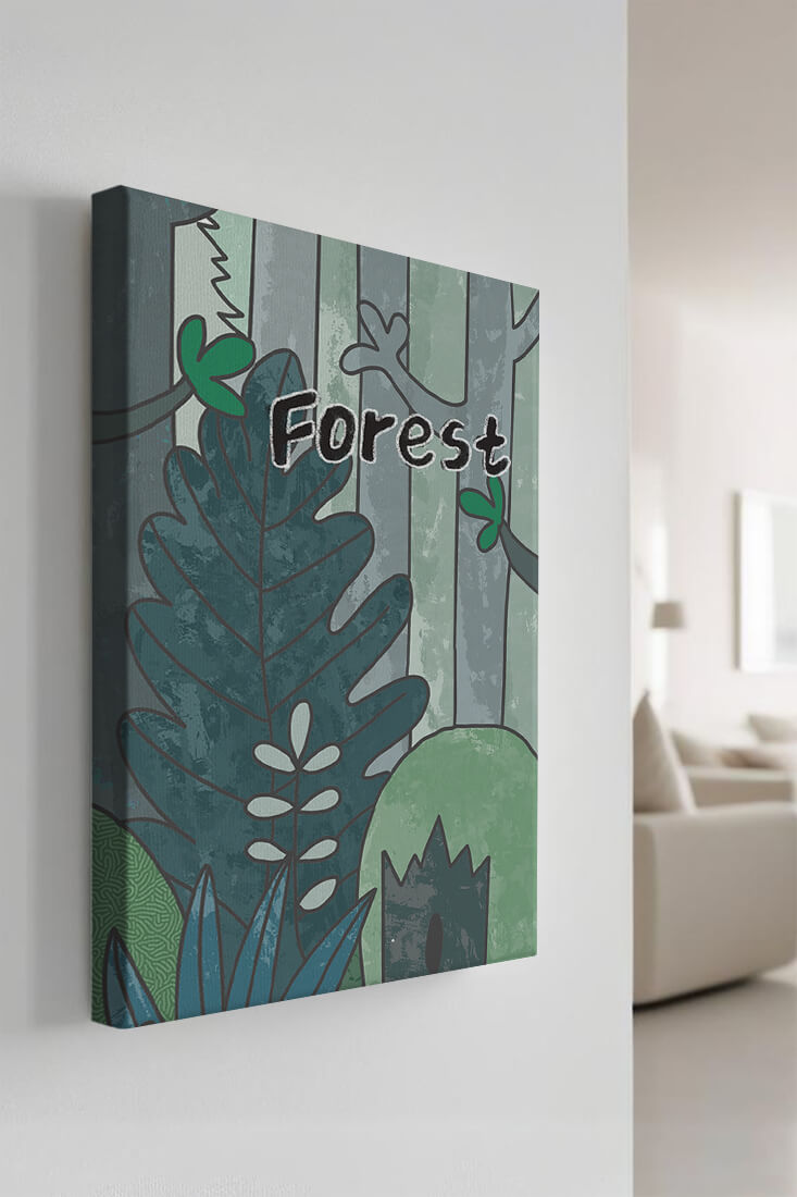Illustrated forest scene with foliage and text