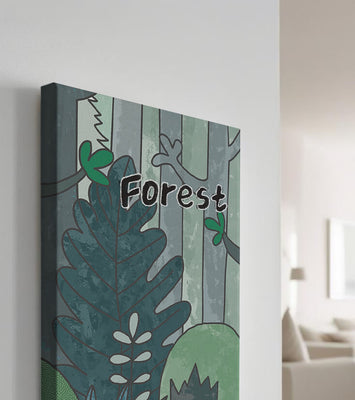 Illustrated forest scene with foliage and text