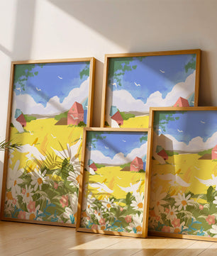 Summer Landscape with Birds and Flowers in a Pastoral Setting