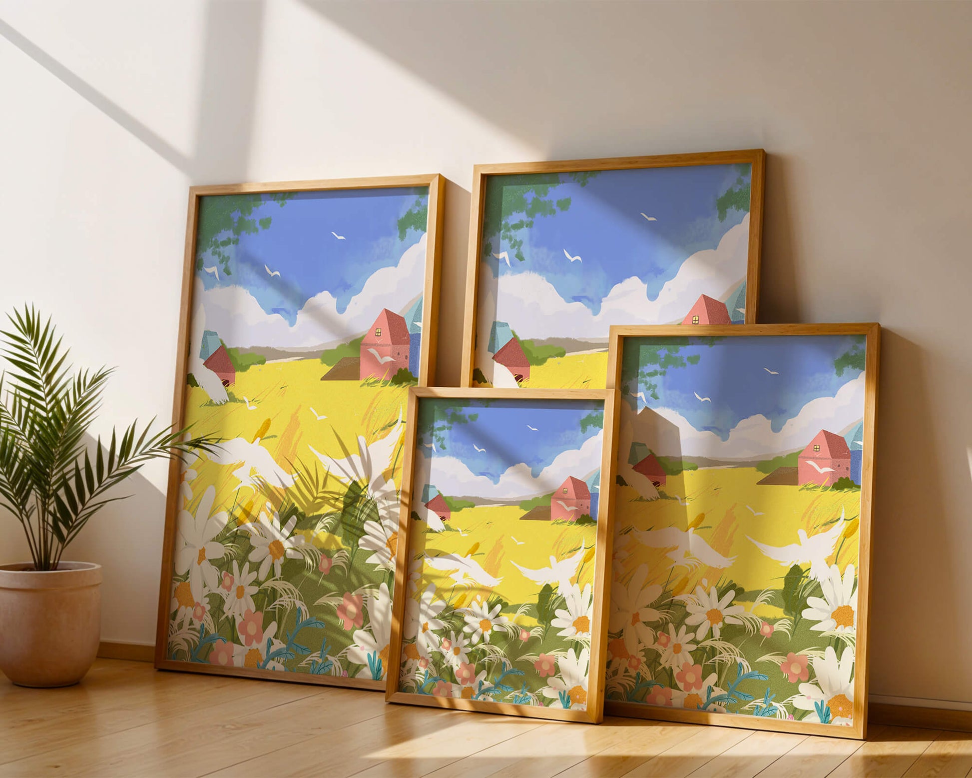 Summer Landscape with Birds and Flowers in a Pastoral Setting