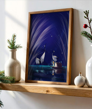 Serene night scene with graceful cranes and a magical boat ride