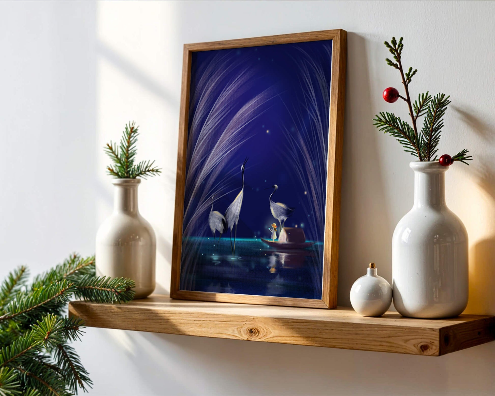 Serene night scene with graceful cranes and a magical boat ride