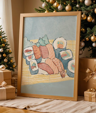 Illustration of assorted sushi rolls with shrimp and salmon on a bamboo mat