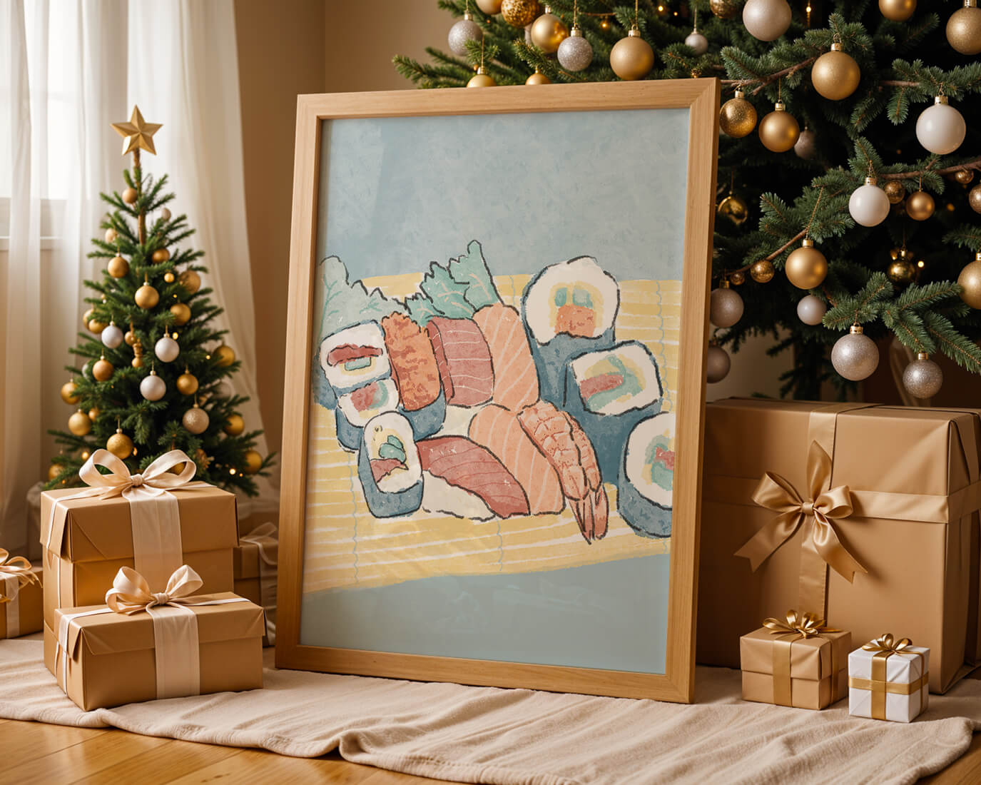 Illustration of assorted sushi rolls with shrimp and salmon on a bamboo mat