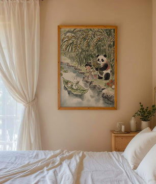Escena caprichosa con un panda y un conejo junto al río