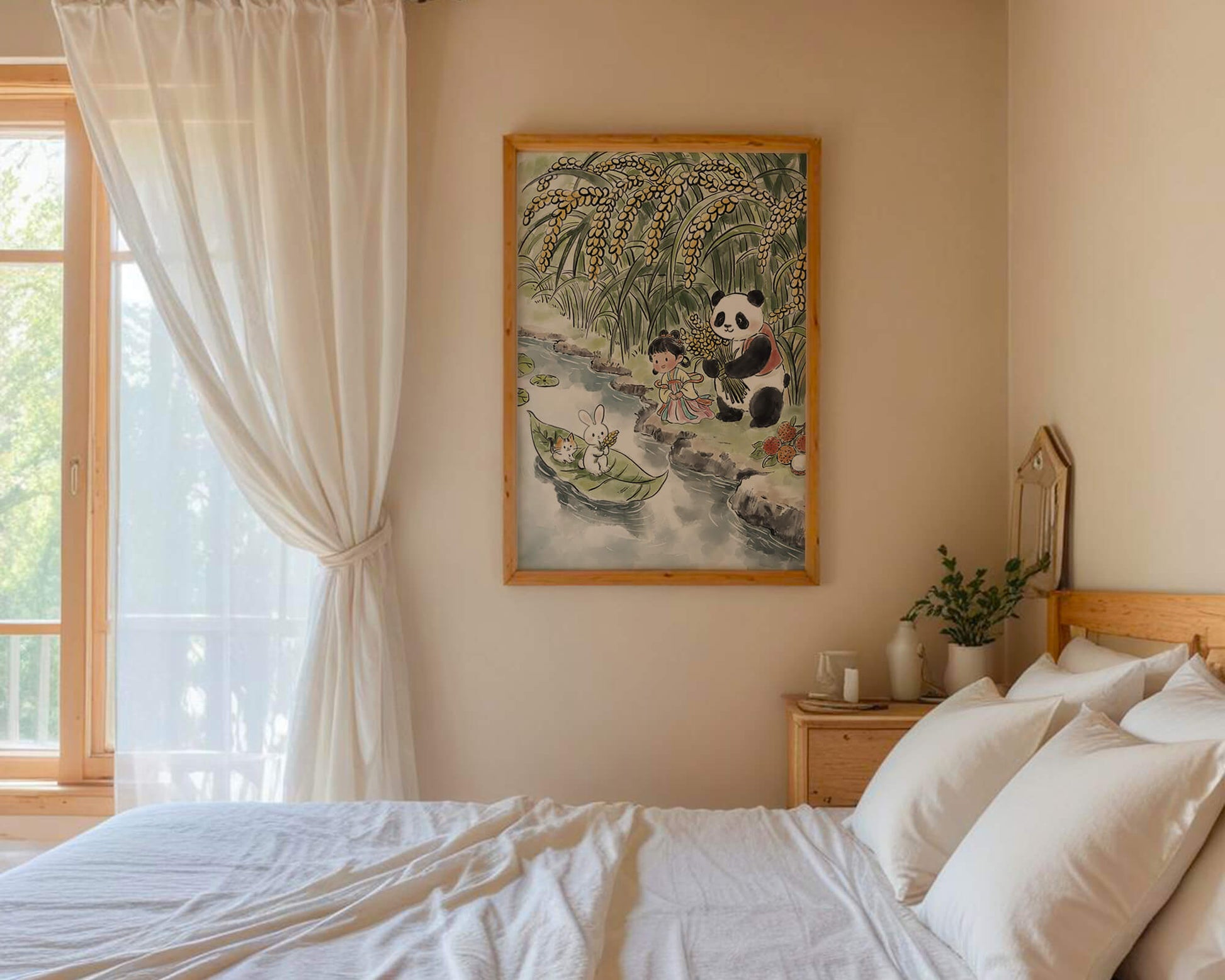 Escena caprichosa con un panda y un conejo junto al río