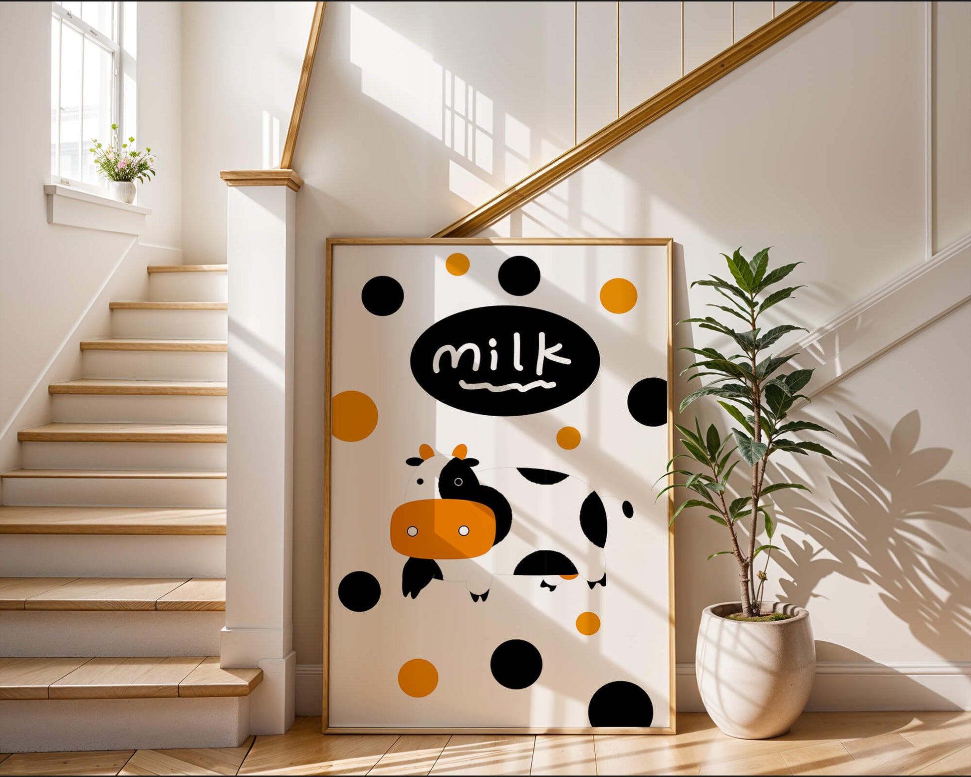 Illustrated cow with modern design and abstract elements
