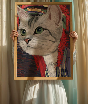 Illustrated cat portrait with colorful accents
