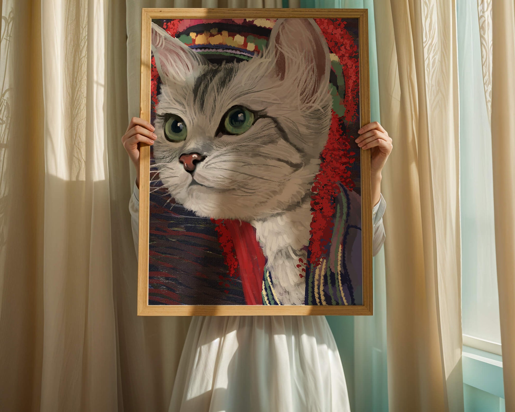 Illustrated cat portrait with colorful accents