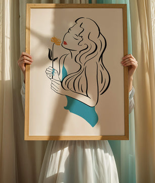 Ilustración estilizada de una mujer con una flor y elementos abstractos