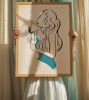 Stylized illustration of a woman with a flower and abstract elements