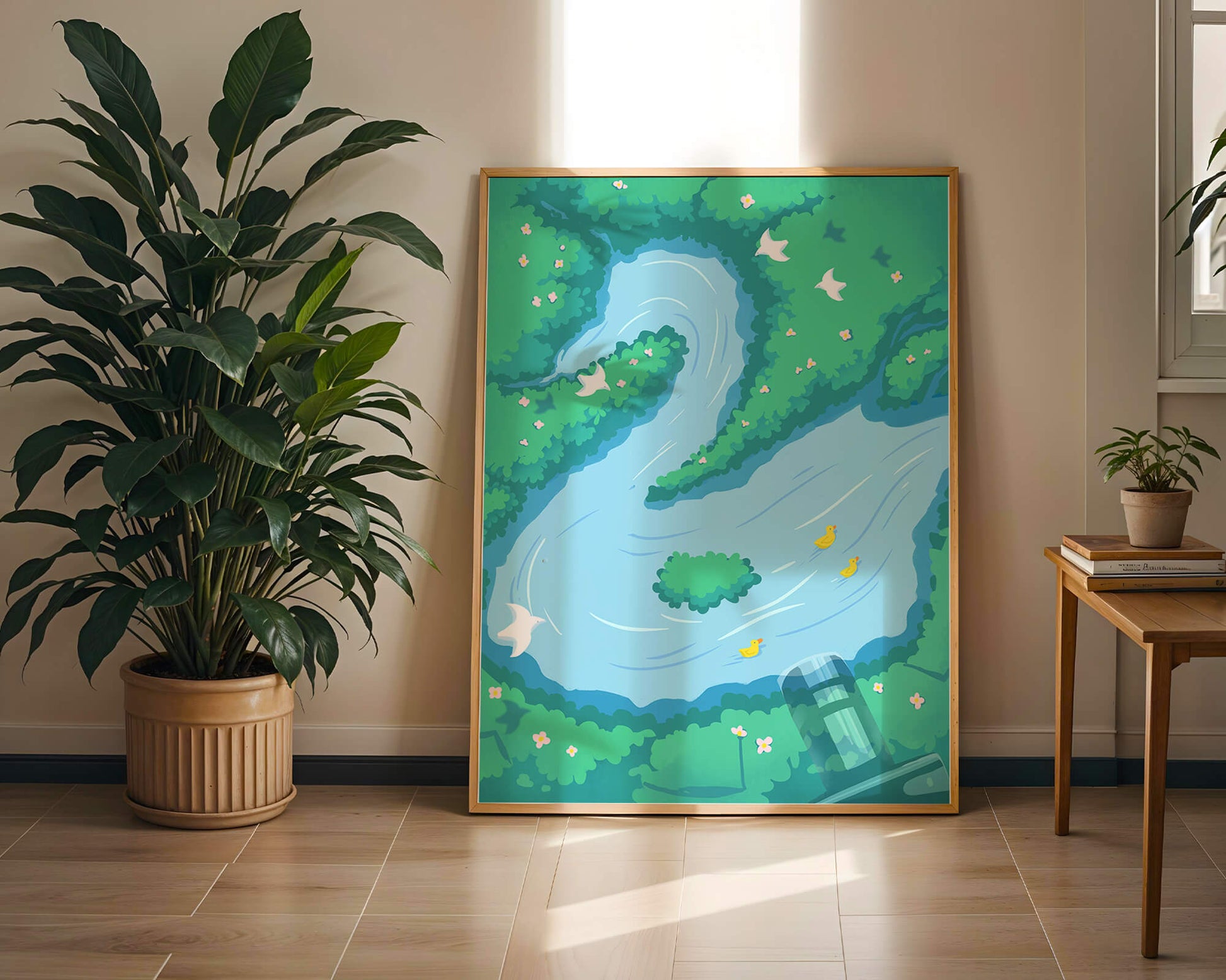 Río sereno con patos y aves en un paisaje exuberante