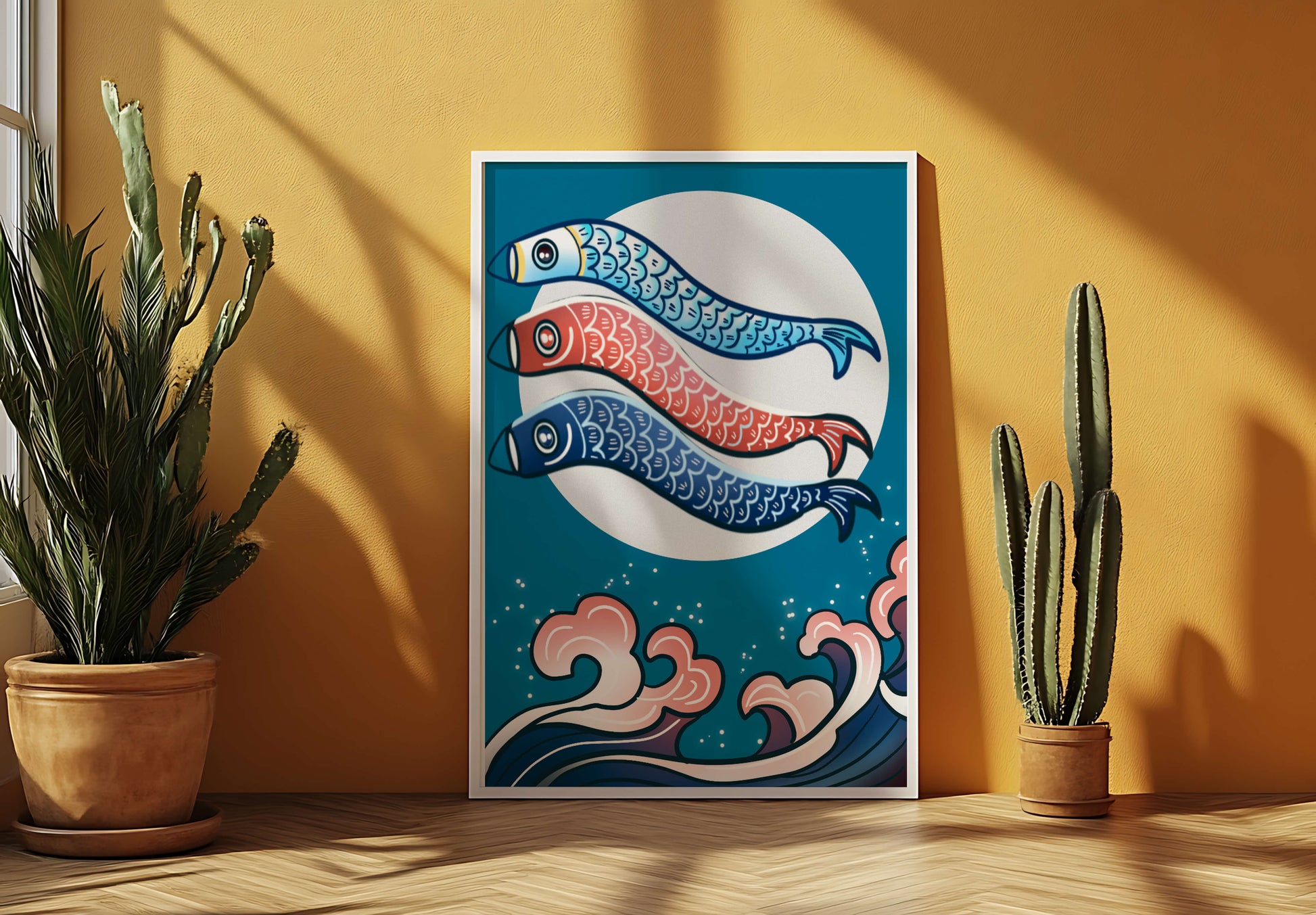 Colorful koi fish kites against a full moon with ocean waves