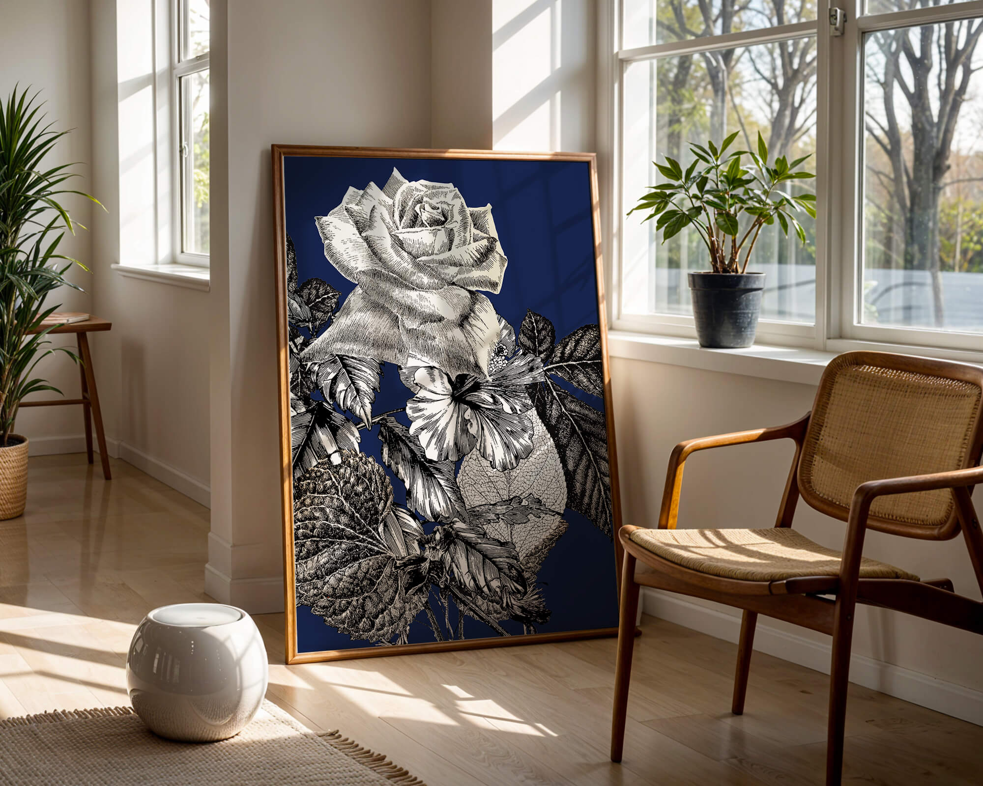 Intricate botanical illustration of roses and foliage on a deep blue background