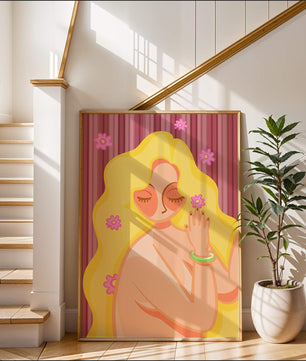 Ilustración abstracta de una mujer serena con el pelo largo y rubio y flores
