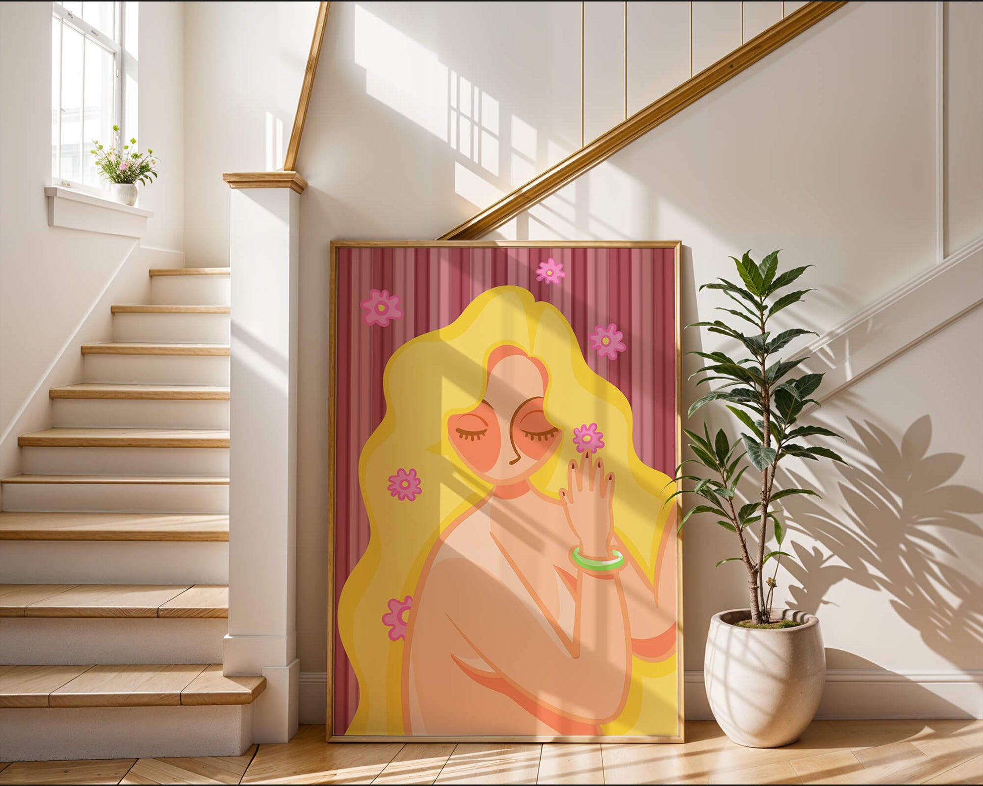 Ilustración abstracta de una mujer serena con el pelo largo y rubio y flores