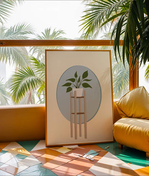 Illustration botanique moderne d'une plante en pot sur un support en bois