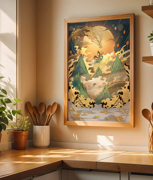 Mythical dragon and warrior painting with golden elements against a mountainous landscape