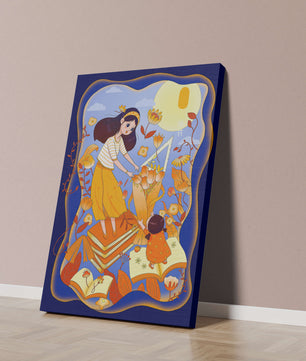 Whimsical illustration with woman and child among books and flowers