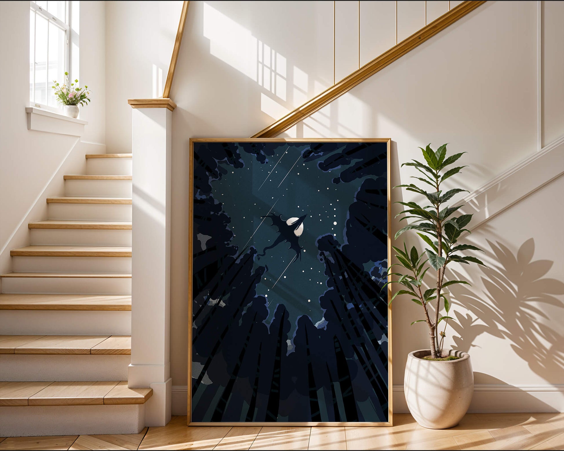 Dragon flying through starry night sky above dark forest