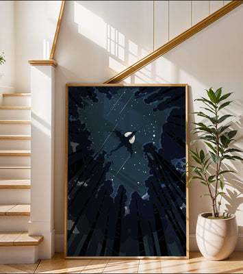 Dragon flying through starry night sky above dark forest